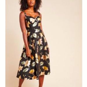 Eva Franco dress from BHLDN. Black scuba with metallic brushstroke floral